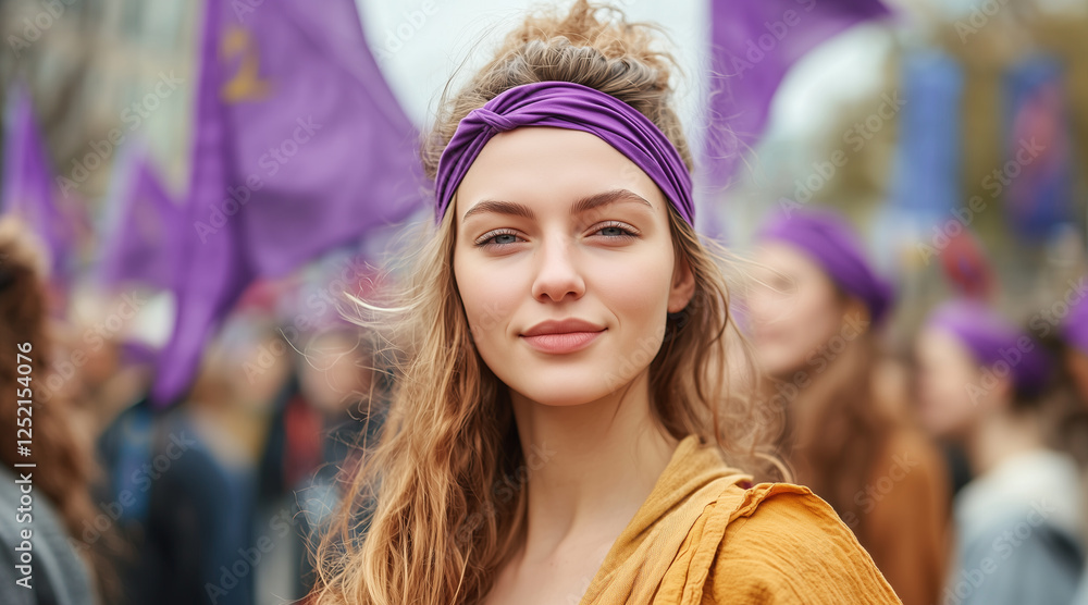 Fototapeta premium Photo of a woman, with purple headbands on their heads, International Women's Day. March 8, street background, background flags. feminine power. positive energy