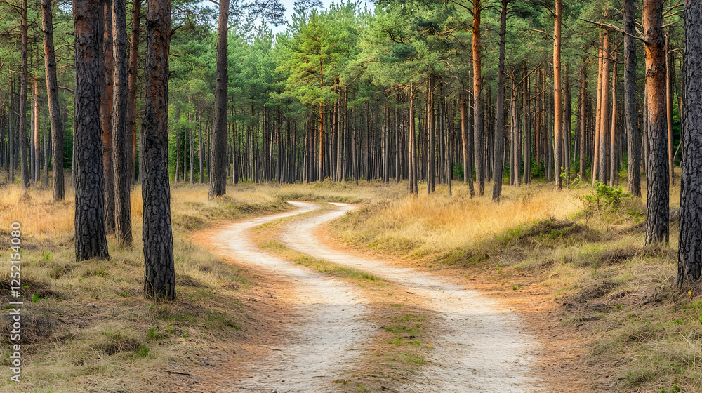 Obraz premium Winding forest path, golden sunlight, tranquil scene