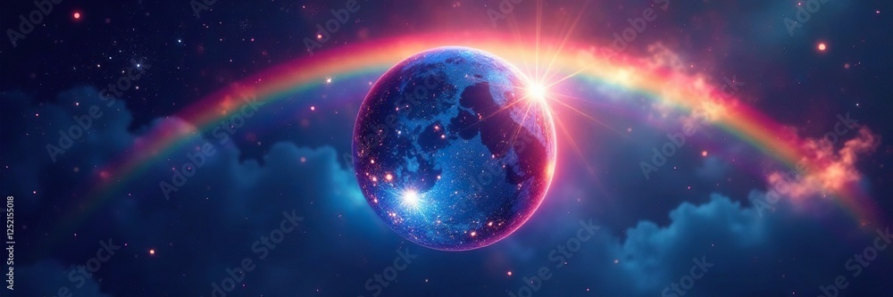 Obraz premium Rainbow glowing orb suspended in an infinite blue space, boundless, cosmic, rainbow