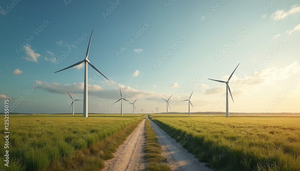 Obraz premium Renewable energy wind power on field with windmills at summer. Alternative eco energy illustration for brochure or banner. Sustainable clean electricity from turbine equipment at farmland.