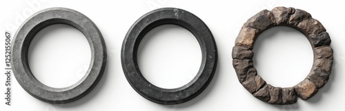 Three circle rock stone frames isolated on white. Bolder ring, stony texture. Mockup template for photo or picture. Empty copy space for logo or image.