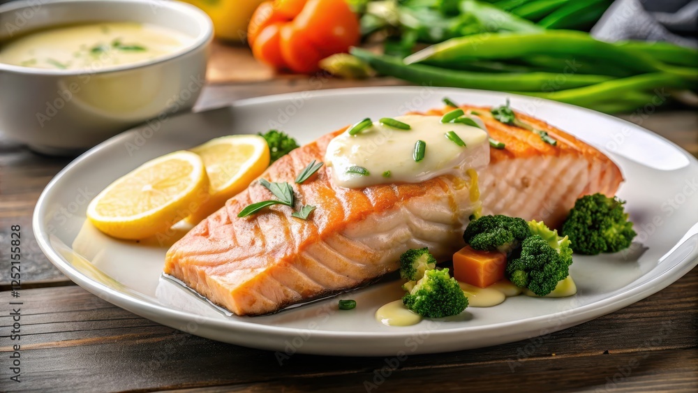 Pan-seared salmon fillet on a white plate with a side of steamed vegetables and a drizzle of lemon butter sauce Pan-seared salmon fillet on a white plate with a side of steamed vegetables and a drizzle of lemon butter sauce