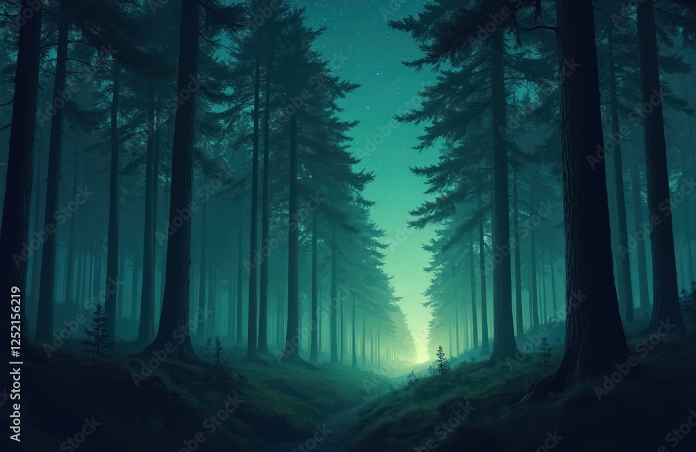Fototapeta premium Night forest illustration with stars sky. Dark serene nature scene with majestic trees. Path through tranquil woodland. Beautiful mystical dreamlike scenery with fog.