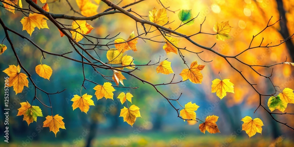 Colorful yellow autumn leaves scattered on tree branches with a few remaining green leaves and twig fragments, leaf fall, nature scene Colorful yellow autumn leaves scattered on tree branches with a few remaining green leaves and twig fragments, leaf fall, nature scene