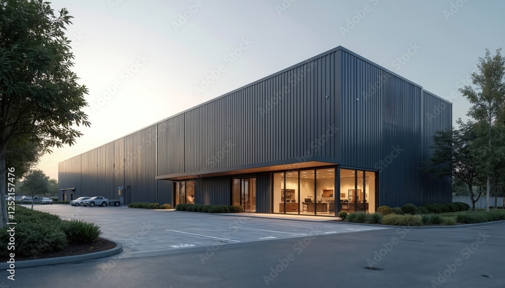Illustration of modern dark blue steel warehouse exterior with office, parking. Commercial building, distribution center, factory concept. Industrial architecture, metal facade. Logistics, export, Illustration of modern dark blue steel warehouse exterior with office, parking. Commercial building, distribution center, factory concept. Industrial architecture, metal facade. Logistics, export,