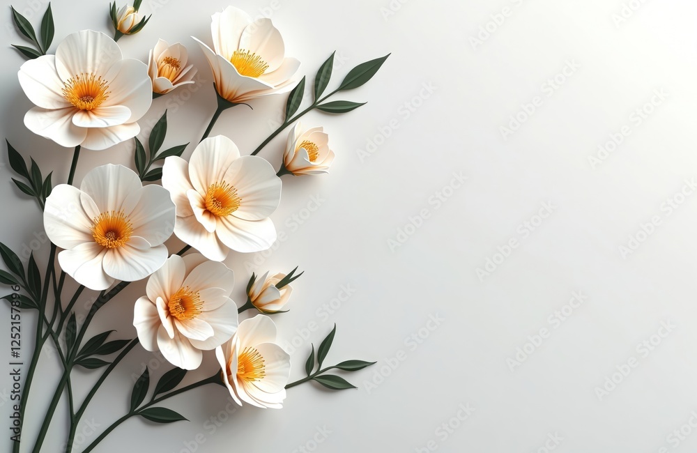 Fototapeta premium Floral design on white backdrop. Bouquet of white flowers, green leaves illustration. Spring summer bloom, romantic flower blossom pattern for greeting cards or wedding invitation.