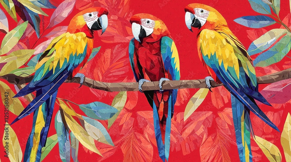 Obraz premium Illustrated poster featuring exotic parrots with geometric feather patterns perched on stylized branches, Swiss design