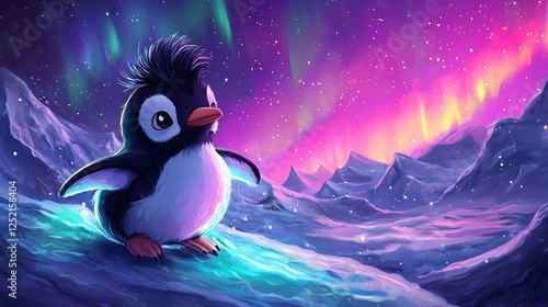 adorable penguin with a pompadour sliding on ice under the northern lights