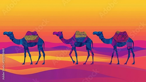 Illustrated poster camels with geometric patterns in their humps crossing a vibrant desert at sunset, Swiss design