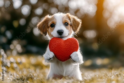 Cute petit basset griffon vendÃ©en pup with animal toy red heart on a walk in a spring garden. Petit basset griffon vendÃ©en - my treasured dog, symbol of friendship. Ad campaign pet visual i. photo