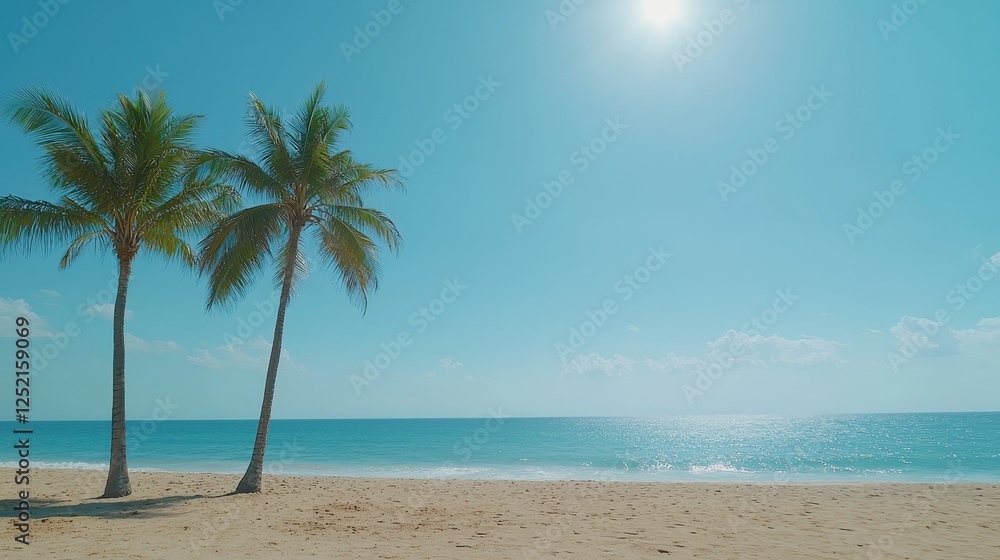Obraz premium Two palm trees standing on a sandy beach with ocean waves and clear blue sky in the background