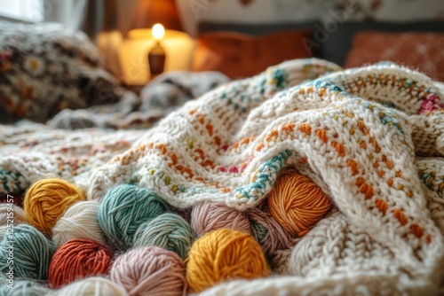 Soft knitted blanket with colorful yarn balls on a cozy couch photo