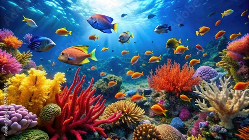 Coral reef with colorful fish and seaweed swaying gently in the current, colorful, ocean floor, coral reef