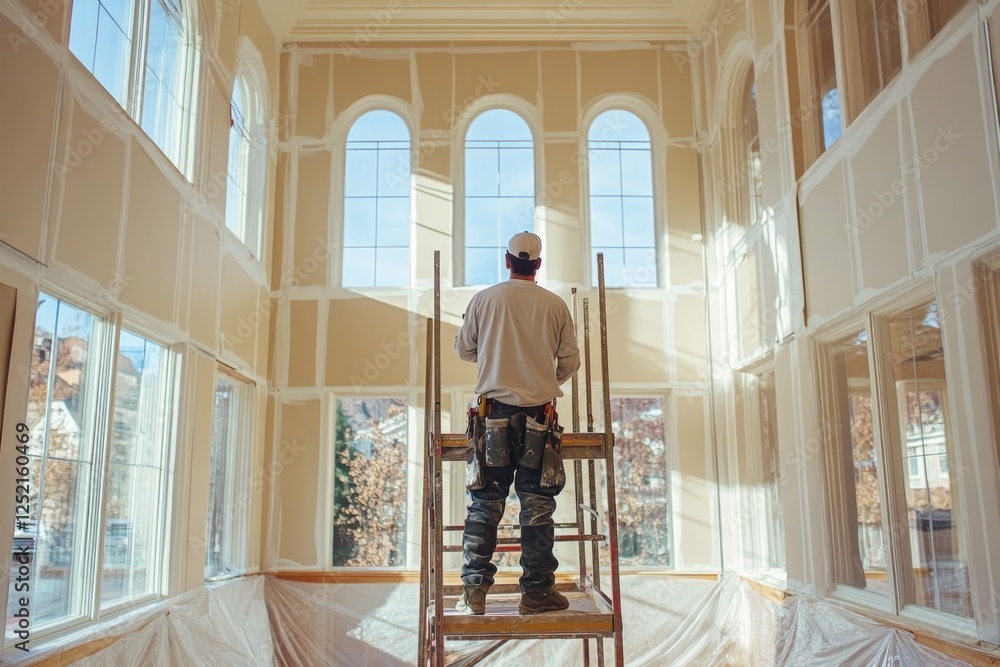 Elderly man standing in a grand hall with sunlight streaming through tall windows Elderly man standing in a grand hall with sunlight streaming through tall windows