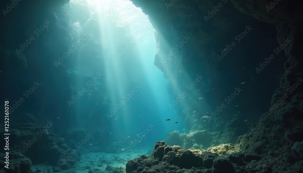 Obraz premium Sun rays illuminate underwater cave creating ethereal, serene mood. Marine life swims around rocks. Subaquatic landscape offers mysterious, tranquil escape into deep sea natural wonder, captivating