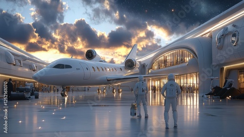 Wallpaper Mural Futuristic Spaceport Sunset Private Jet Arrival Torontodigital.ca