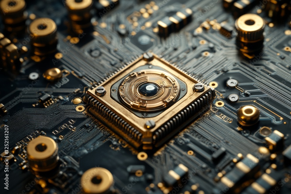 Close-up of a central processing unit on a circuit board Close-up of a central processing unit on a circuit board