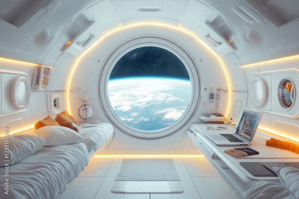 Obraz premium Round window with a futuristic design overlooking a bright landscape
