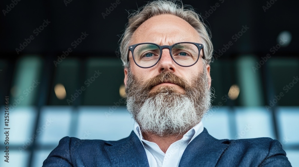 Businessman with beard, serious expression, modern building background. Possible use stock photo Businessman with beard, serious expression, modern building background. Possible use stock photo