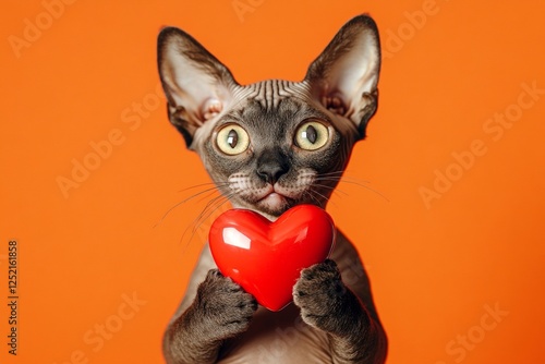 Devon rex - my preferred cat. Ad concept art. Cute devon rex baby cat with diamond red heart - sign of love, funny greeting card. Red valentine's day furry photo. February 14 cat image.