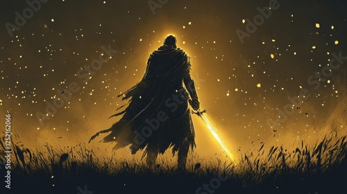 A cloaked figure stands with a glowing sword in darkness