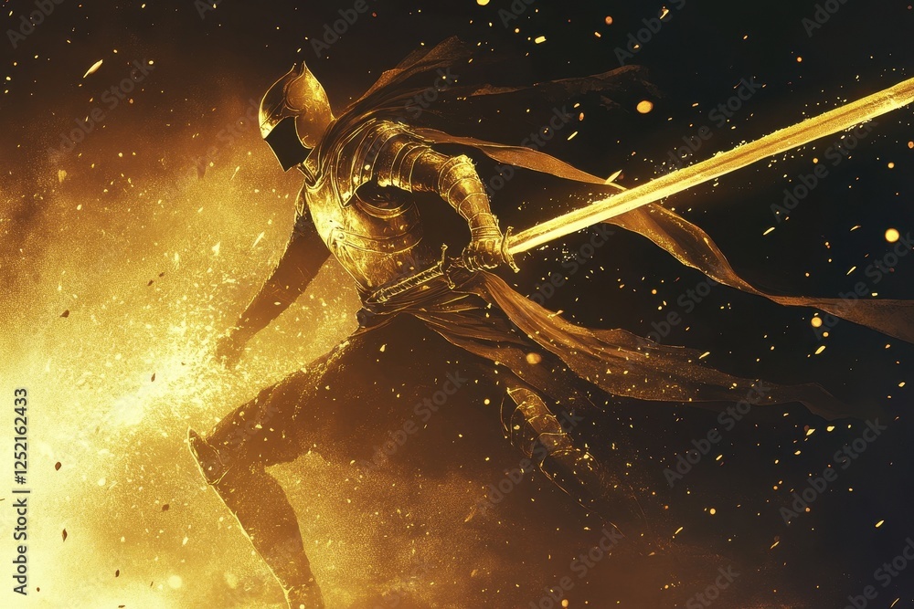 Naklejka premium Golden knight in action holding sword amidst magical sparks