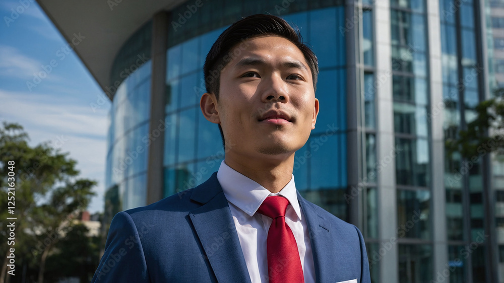Male Blue Suit Red Tie Outside Office Building Male Blue Suit Red Tie Outside Office Building