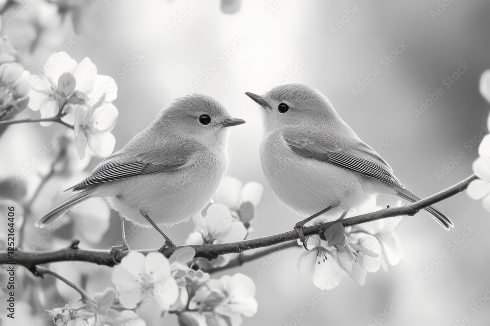 Two white birds perched on a branch in monochrome Two white birds perched on a branch in monochrome