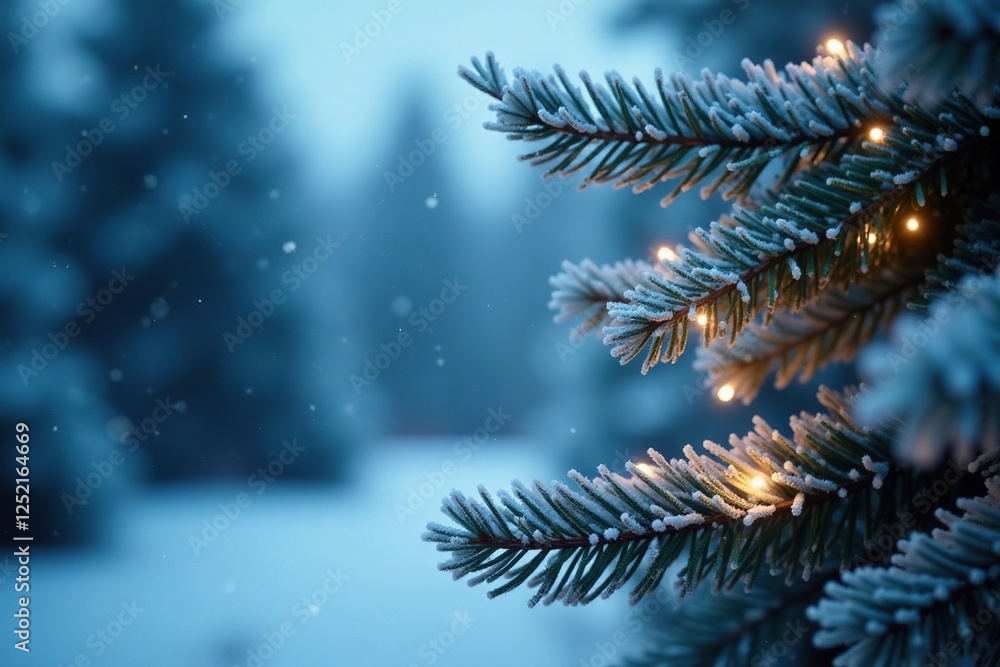 Frosty fir branches adorned with delicate fairy lights against a blue winter sky, frozen forest, twinkle, fairies Frosty fir branches adorned with delicate fairy lights against a blue winter sky, frozen forest, twinkle, fairies