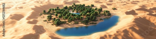 Desert Oasis with Lush Green Palm Trees and Clear Blue Water Reflecting Sunlight Amidst Golden Sand Dunes in a Vast Arid Landscape