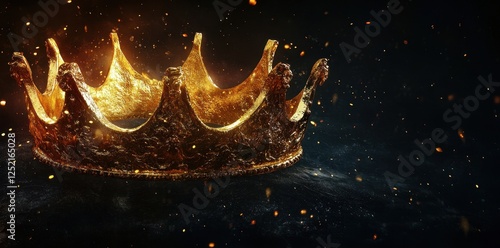 Ornate golden crown rests majestically against a dark backdrop photo