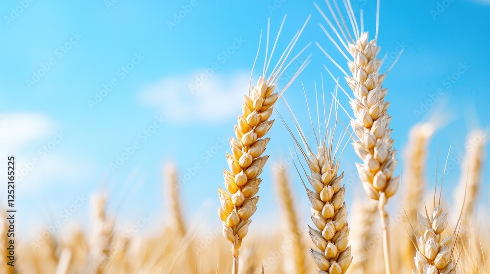 Golden wheat field under blue sky, harvest season Golden wheat field under blue sky, harvest season