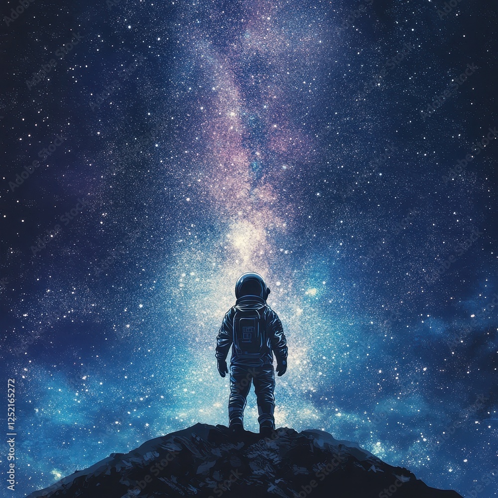 Astronaut stands on a peak gazing at the milky way Astronaut stands on a peak gazing at the milky way