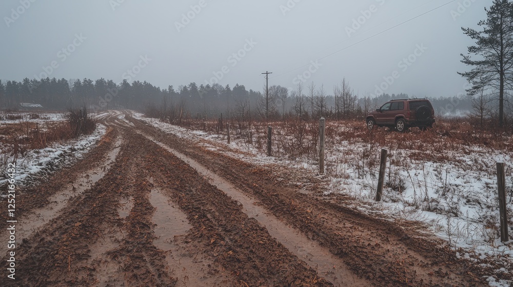 Fototapeta premium Muddy winter road, SUV parked, forest background, rural scene, travel photography