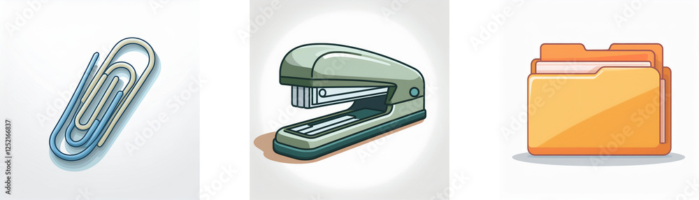 Three office icons display office supplies: a metallic paper clip, a green stapler and an orange file folder, all against a white background. Three office icons display office supplies: a metallic paper clip, a green stapler and an orange file folder, all against a white background.