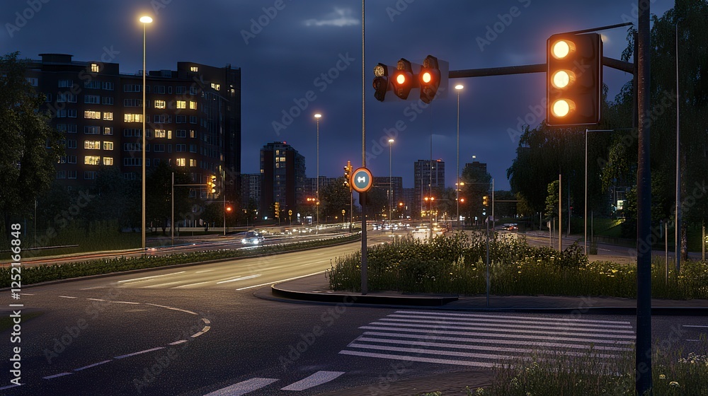 Night city traffic intersection, urban road at dusk, background buildings, transportation scene for websites Night city traffic intersection, urban road at dusk, background buildings, transportation scene for websites