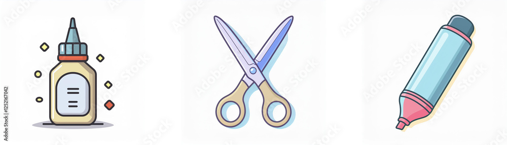 Three crafting items: glue bottle, open scissors, and a marker, isolated on a white background, ideal for creative projects. Three crafting items: glue bottle, open scissors, and a marker, isolated on a white background, ideal for creative projects.