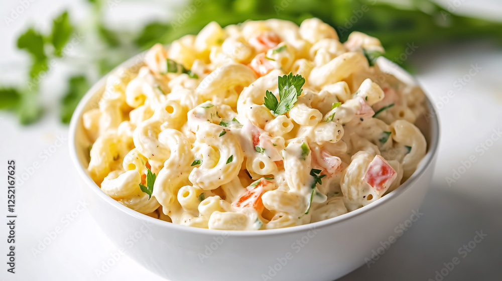 A homemade macaroni salad presented on a white background. A homemade macaroni salad presented on a white background.