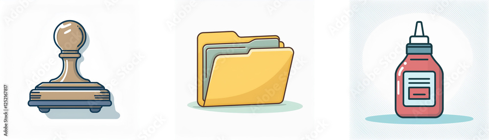 Three office icons are displayed: a wooden stamp, a yellow folder, and a red glue bottle, all against a white background. Three office icons are displayed: a wooden stamp, a yellow folder, and a red glue bottle, all against a white background.