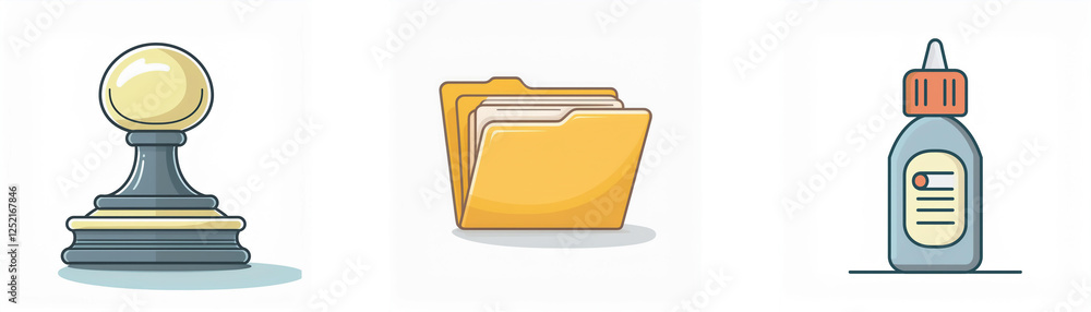 Three office icons are displayed: a stamp, an open folder, and a glue bottle. These represent common stationery and organizational tools. Three office icons are displayed: a stamp, an open folder, and a glue bottle. These represent common stationery and organizational tools.