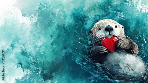 cute sea otter floating on its back in water holding red heart with its front paws, blue green water background, banner with copy space, watercolor illustration. love, affection, present concept