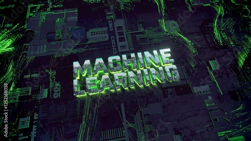Horizontal Metallic Typography with Circuit Texture Machine Learning in a Futuristic Digital World with Data Particles
