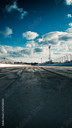 Race track captured under blue skies featuring tire marks and decorative fencing in the distance during a sunny afternoon