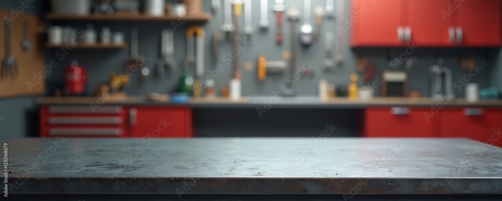 Empty metal workbench surface on blurred background of garage or home workshop for product demonstration. Storage interior with shelving, tools hanging on wall. Copy space. Empty metal workbench surface on blurred background of garage or home workshop for product demonstration. Storage interior with shelving, tools hanging on wall. Copy space.