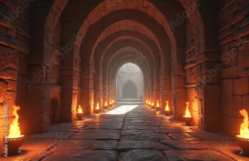 Medieval castle corridor with stone arches, torches. Fantasy background with interior of ancient palace, dungeon. Long tunnel view for fairy tales, games, historic wallpapers. photo