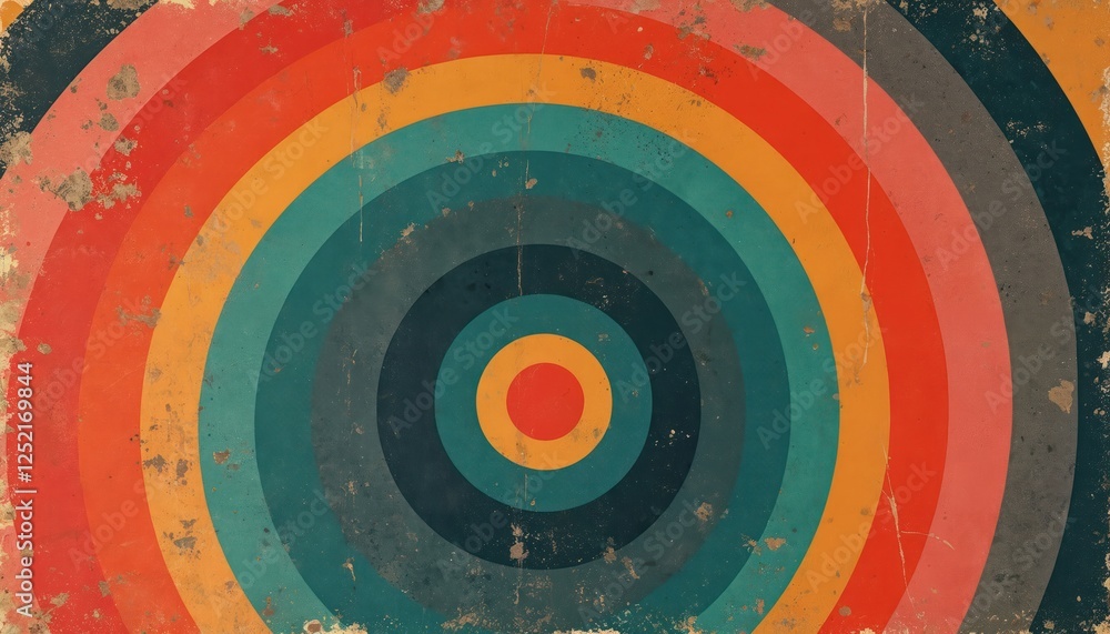 Abstract retro print with minimalist psychedelic essence, red, orange, turquoise, and black concentric circles with vintage texture effect for a unique retro vibe. Abstract retro print with minimalist psychedelic essence, red, orange, turquoise, and black concentric circles with vintage texture effect for a unique retro vibe.