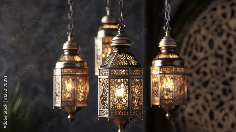 Elegant hanging lanterns with intricate designs illuminating a dark, patterned background Elegant hanging lanterns with intricate designs illuminating a dark, patterned background