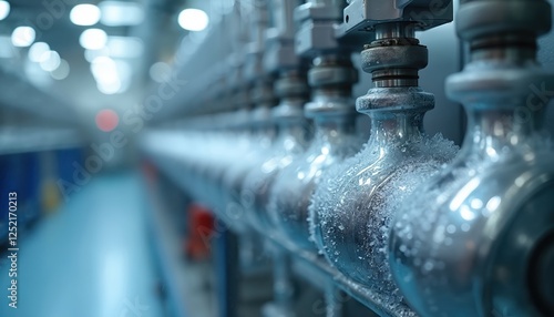 Icy industrial machinery for cryogenic freezing in tech lab. Chilling plant equipment covered with frost, vapour. Biotechnology, genetic preservation, healthcare science experiment, pharmaceutical photo