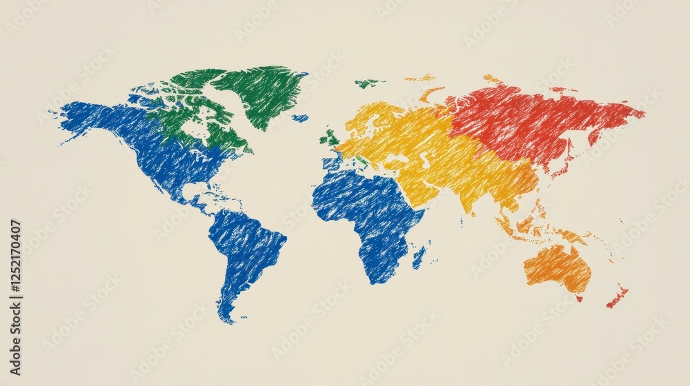 Obraz premium Colorful Sketch of the World Map Hand Drawn on a Beige Background