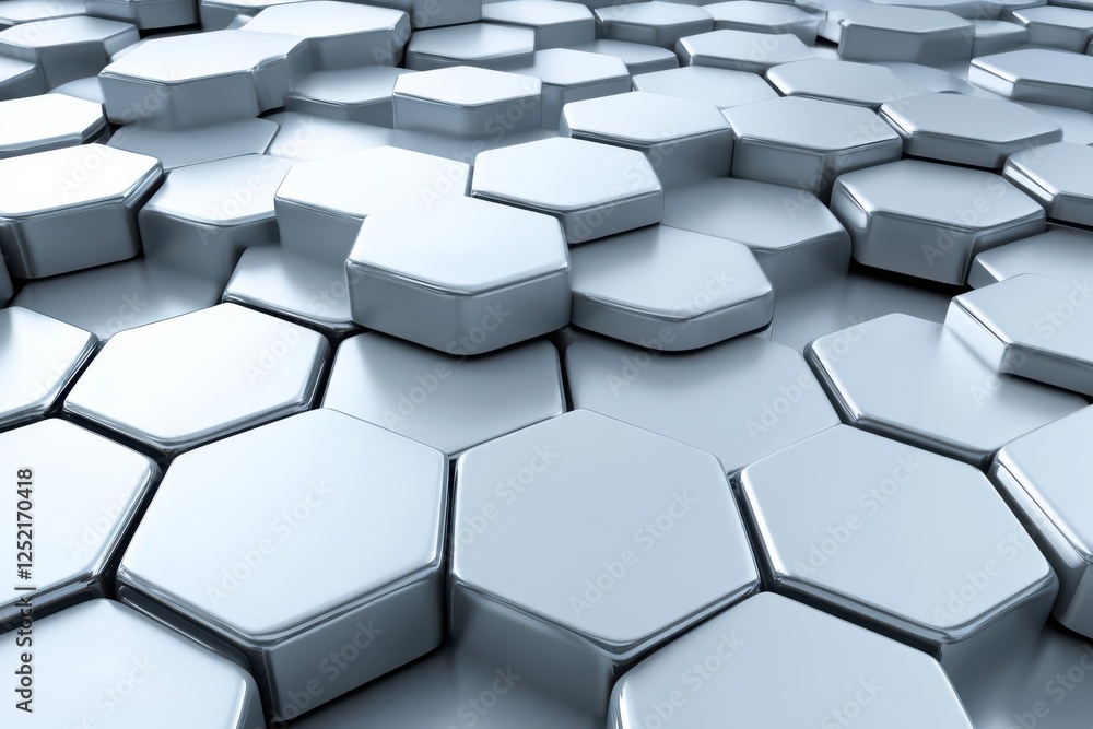 Smooth metallic hexagonal tiles arranged in a seamless pattern, reflecting light in an abstract design Smooth metallic hexagonal tiles arranged in a seamless pattern, reflecting light in an abstract design